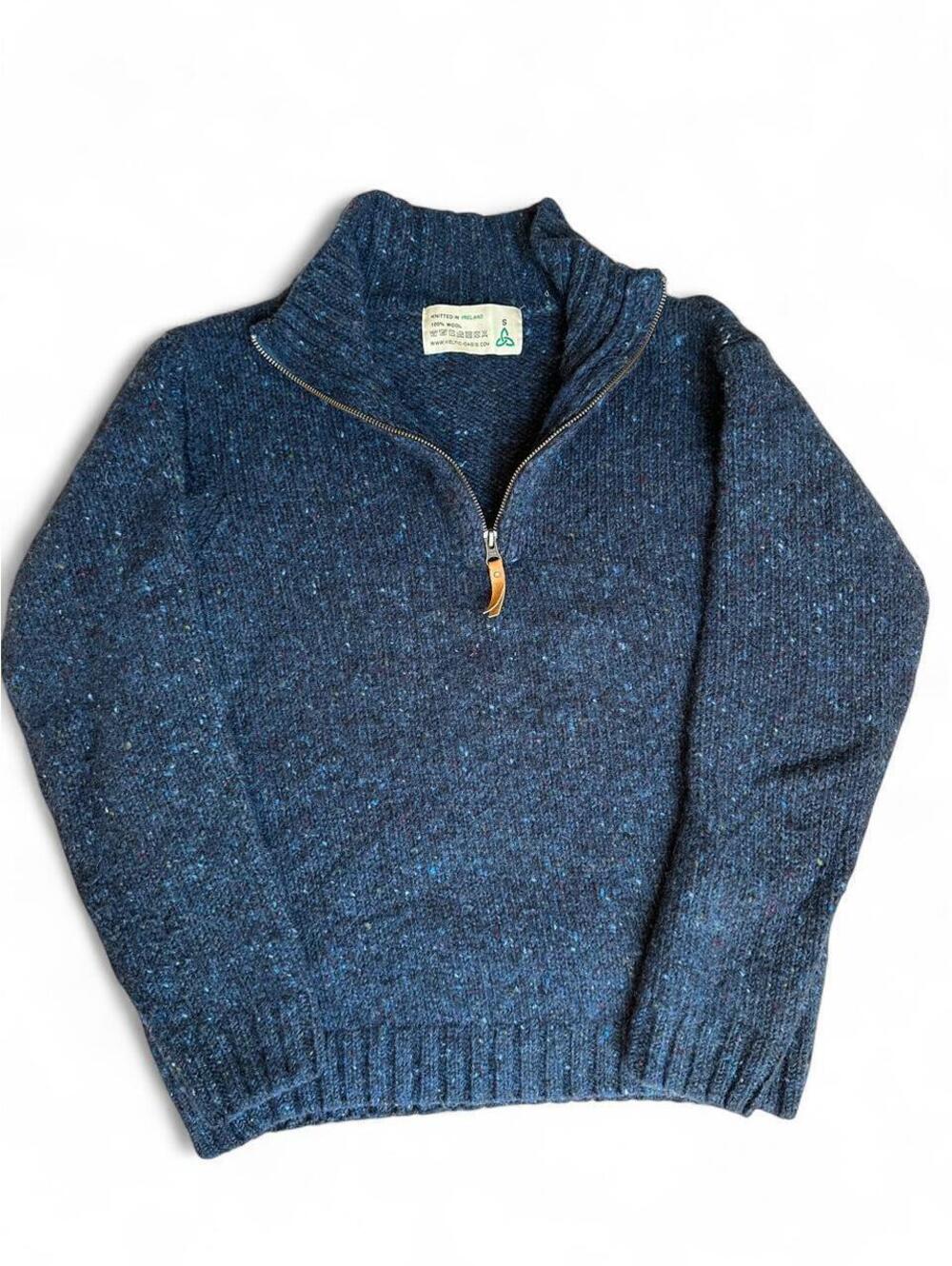 Keltic Oasis Ireland 100% Wool Donegal Tweed Sweater Blue Fleck Half Zip